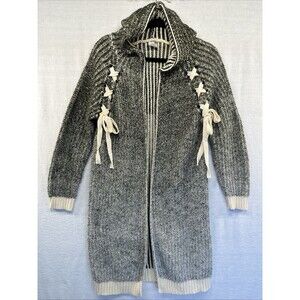Knit Duster Hooded Cardigan Sweater Womens Small Laced Detail Gray Green Ivory